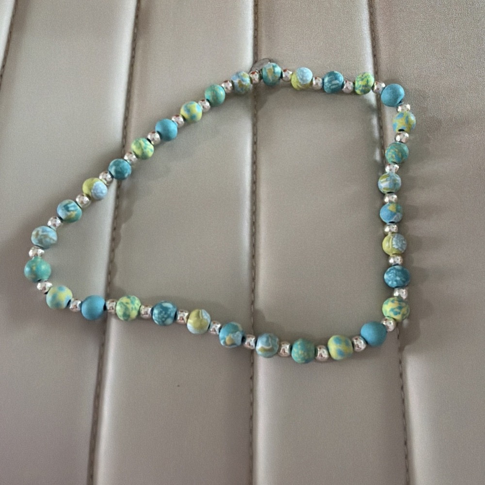 Jilzara Blue Lime Petite Silverball Polymer Clay Beads Stretch Necklace Artisan